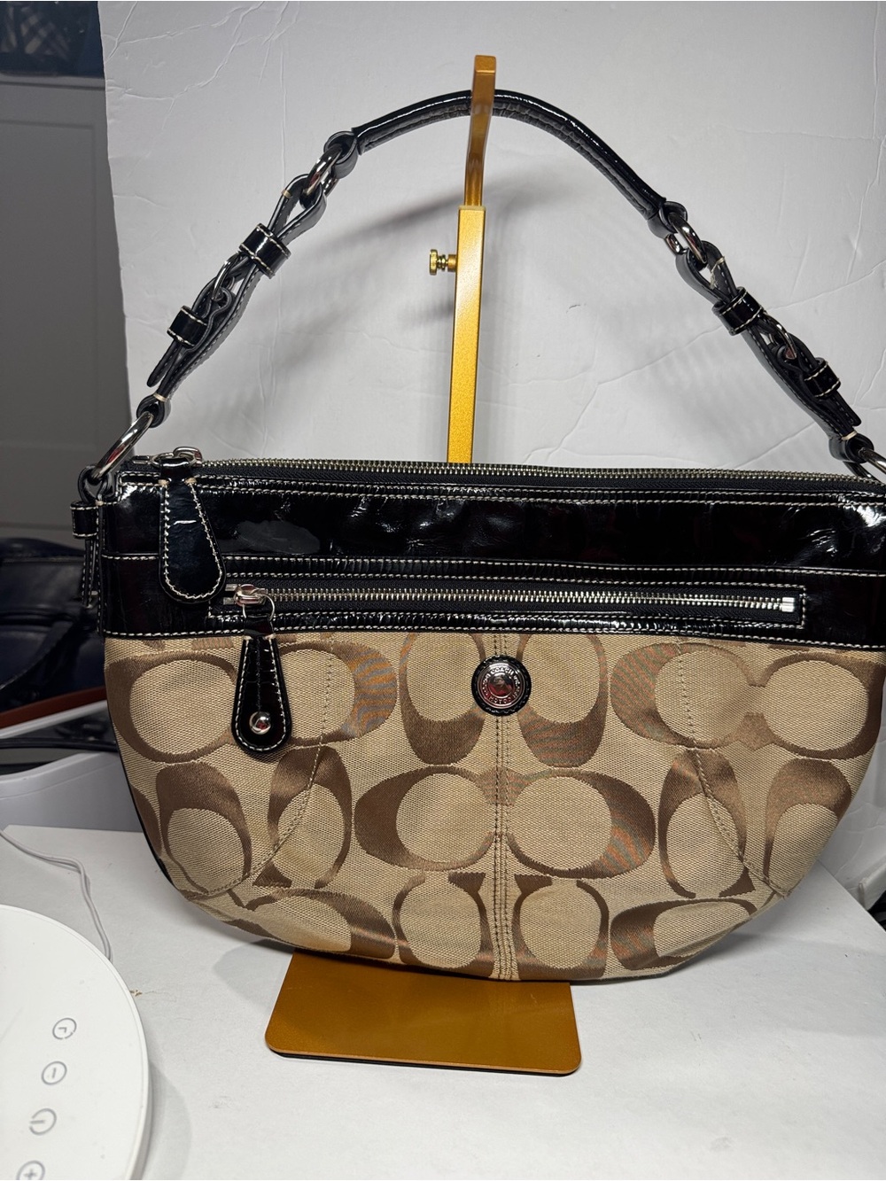 Coach Beige black brown Laura Hobo Signature Canvas Shoulder Bag with Black Trim